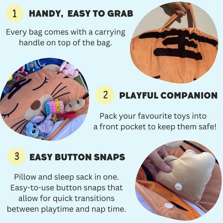 Illustration showing steps to use the autumn beaver sleeping bag for kids