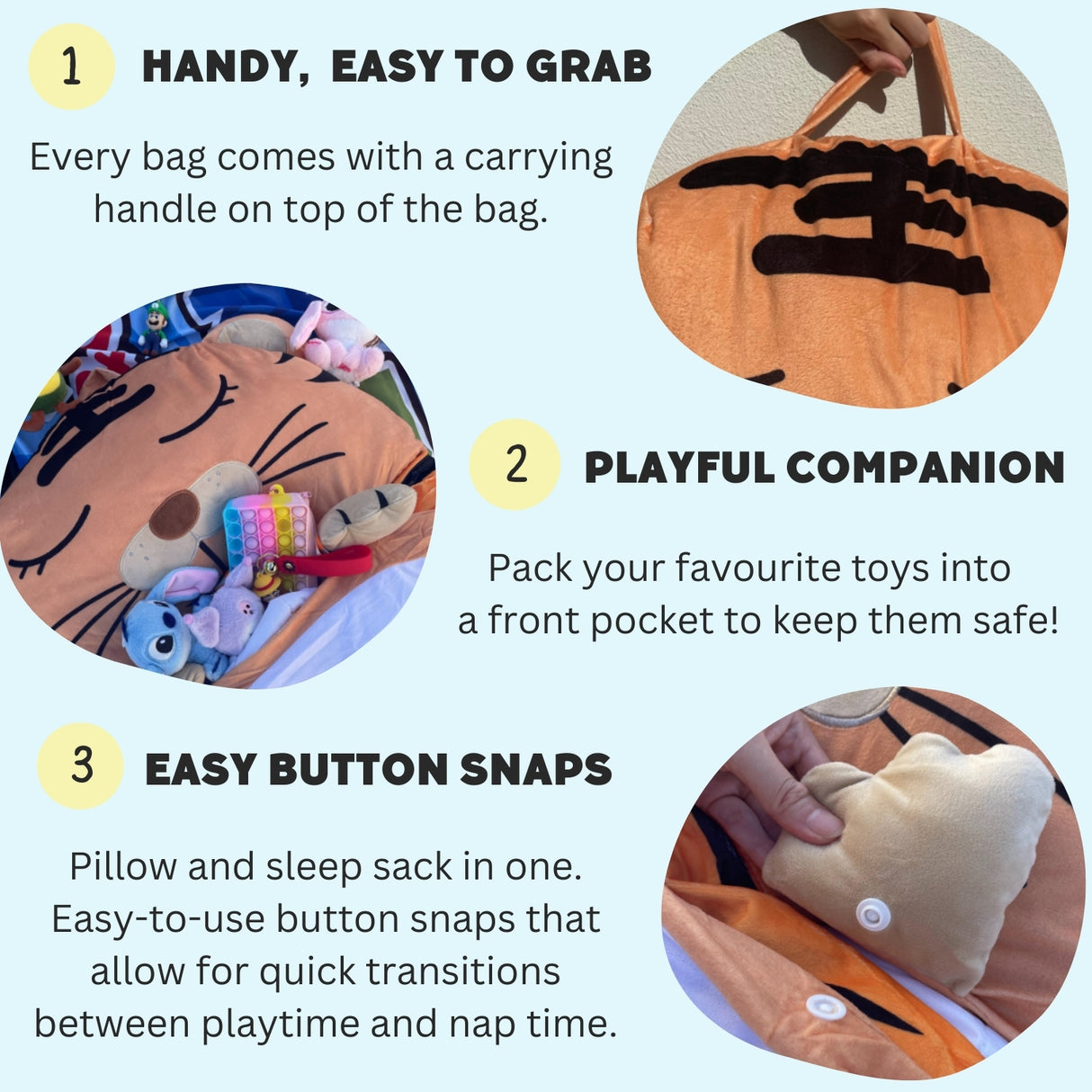 Illustration showing steps to use the dinosaur sleeping bag for kids