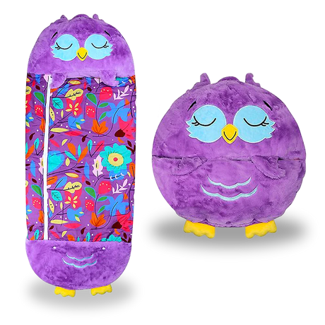 Owl-themed kids' sleeping bag open, displaying cozy interior and vibrant design