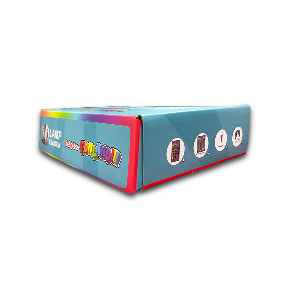 Side view of the closed box of the 3D light, highlighting size and branding.