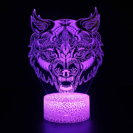 Illumnated Patterned Wolf Grow 3d lamp in dark setting