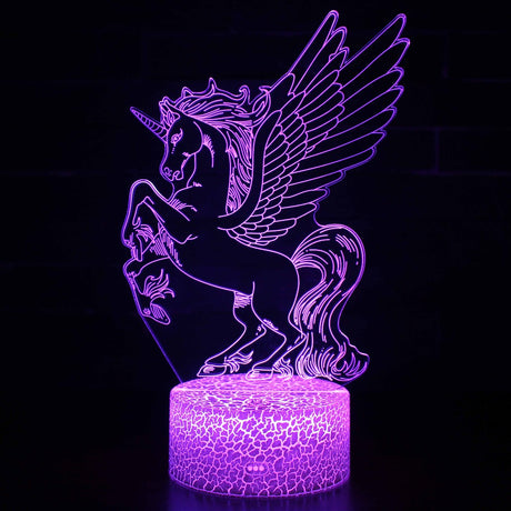 Illuminated Pegasus Rearing Long Hair 3D Lamp in Dark Setting